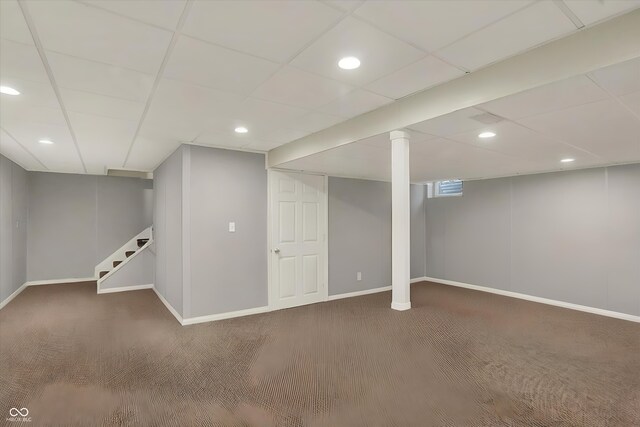 781 Dayton Dr, Carmel, IN 46033 - finished basement featuring carpet flooring, baseboards, a drop ceiling, stairway, and recessed lighting