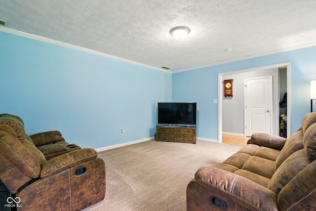 6462 Wings Ct, Brownsburg, IN 46112 - carpeted living room featuring crown molding, a textured ceiling, and baseboards