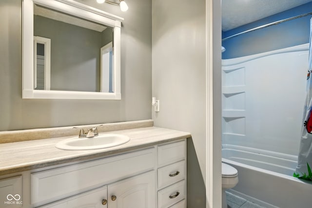 6462 Wings Ct, Brownsburg, IN 46112 - bathroom with vanity, toilet, shower / bath combination with curtain, and tile patterned floors