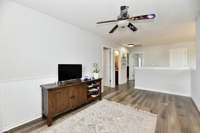 7604 Cloudy Ct, Camby, IN 46113 - living room with wood finished floors, a ceiling fan, wainscoting, and baseboards