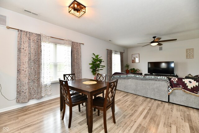7604 Cloudy Ct, Camby, IN 46113 - dining room with light wood-style floors, a ceiling fan, and baseboards