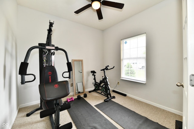 7604 Cloudy Ct, Camby, IN 46113 - workout area with carpet floors, a ceiling fan, and baseboards