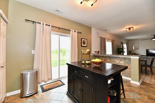 7604 Cloudy Ct, Camby, IN 46113 - kitchen with dark cabinets, a breakfast bar area, a ceiling fan, and baseboards