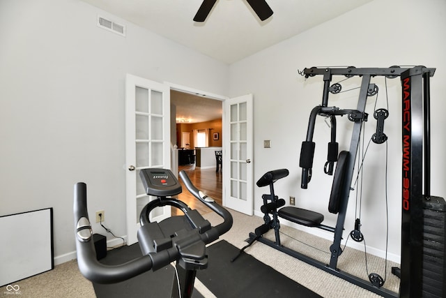 7604 Cloudy Ct, Camby, IN 46113 - exercise room featuring french doors, ceiling fan, baseboards, and carpet flooring