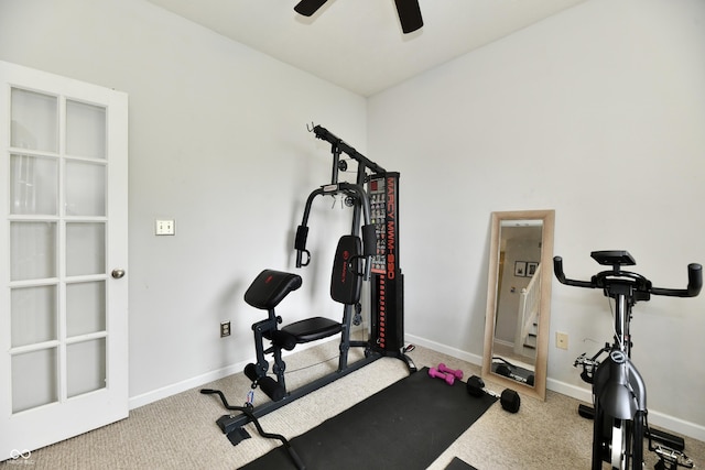 7604 Cloudy Ct, Camby, IN 46113 - workout room featuring carpet floors, ceiling fan, and baseboards