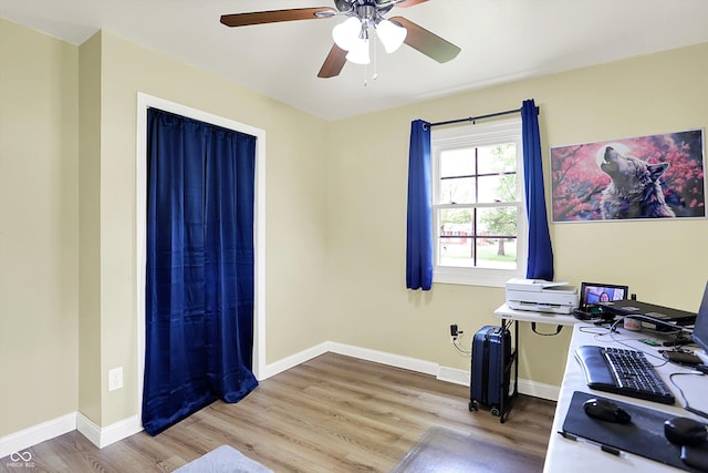 office featuring ceiling fan, wood finished floors, and baseboards