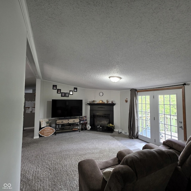5269 W State Road 42, Brazil, IN 47834 - living area with a textured ceiling, carpet, ornamental molding, a fireplace, and lofted ceiling