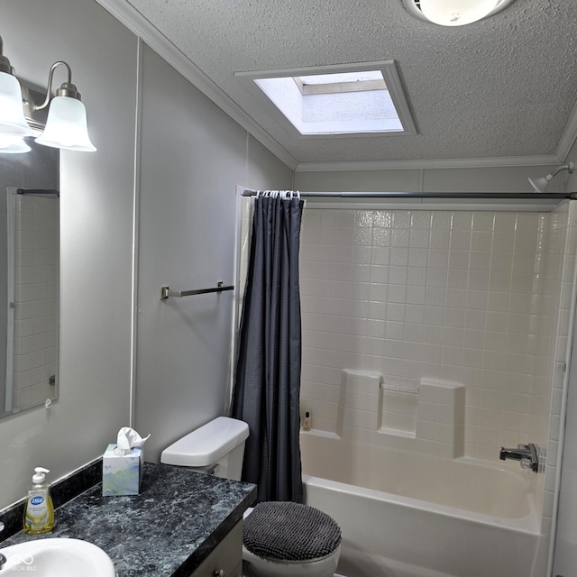 5269 W State Road 42, Brazil, IN 47834 - bathroom with a skylight, shower / bathtub combination with curtain, a textured ceiling, toilet, and vanity