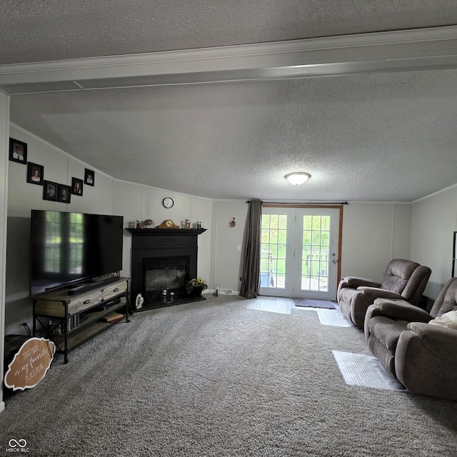 5269 W State Road 42, Brazil, IN 47834 - living room featuring carpet, a textured ceiling, crown molding, a fireplace, and lofted ceiling