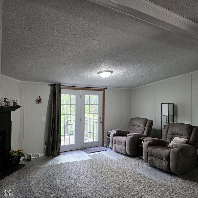 5269 W State Road 42, Brazil, IN 47834 - carpeted living area with a textured ceiling and a fireplace with raised hearth