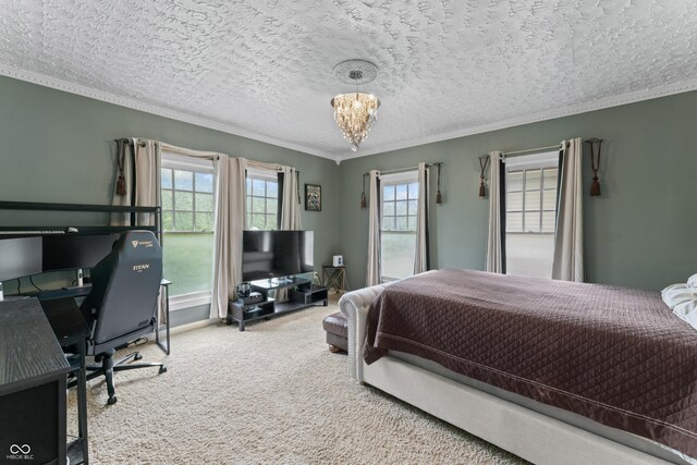 2134 N Alabama St, Indianapolis, IN 46202 - bedroom featuring carpet, a textured ceiling, crown molding, a chandelier, and a desk