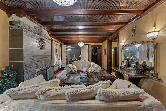 2134 N Alabama St, Indianapolis, IN 46202 - living room featuring beamed ceiling and a fireplace