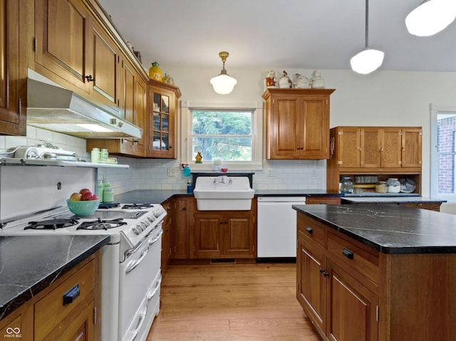 19702 Centennial Rd, Sheridan, IN 46069 - kitchen with white appliances, under cabinet range hood, brown cabinets, light wood-type flooring, and pendant lighting