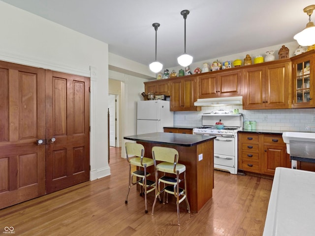 19702 Centennial Rd, Sheridan, IN 46069 - kitchen with white appliances, under cabinet range hood, brown cabinets, light wood-style flooring, and tasteful backsplash