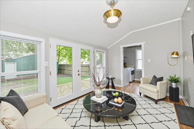 631 Prospect St, Indianapolis, IN 46203 - living area with french doors, plenty of natural light, lofted ceiling, and light wood-style floors