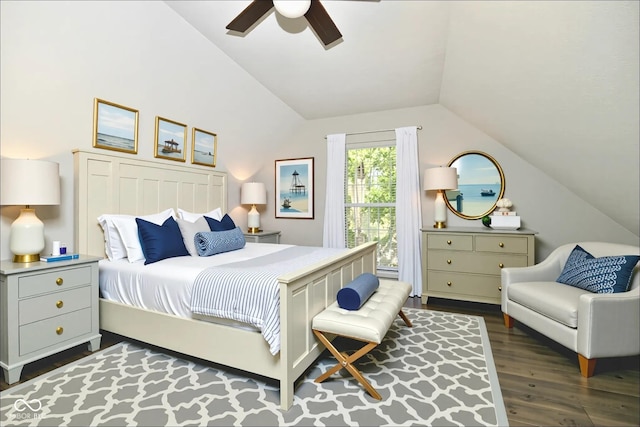 631 Prospect St, Indianapolis, IN 46203 - bedroom featuring vaulted ceiling, dark wood-type flooring, and ceiling fan