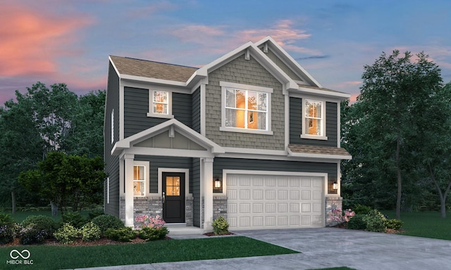craftsman-style home with an attached garage, concrete driveway, stone siding, and roof with shingles