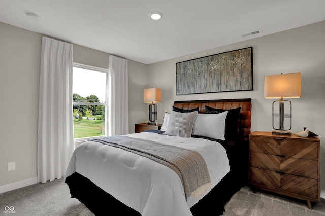 bedroom featuring carpet flooring, baseboards, and recessed lighting