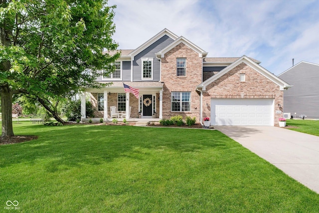 14130 Autumn Woods Dr, Carmel, IN 46074 - traditional home with covered porch, brick siding, concrete driveway, a garage, and a front lawn