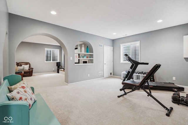 9311 Windrift Way, Zionsville, IN 46077 - workout area with carpet, arched walkways, healthy amount of natural light, and recessed lighting