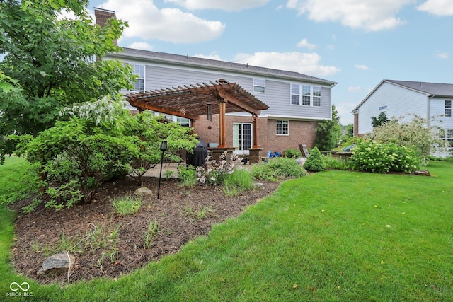 9311 Windrift Way, Zionsville, IN 46077 - back of house featuring a pergola, brick siding, a yard, a chimney, and a patio area