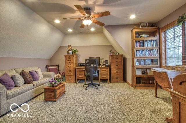 125 Ems B20C Ln, Pierceton, IN 46562 - office area featuring carpet, a ceiling fan, vaulted ceiling, and recessed lighting