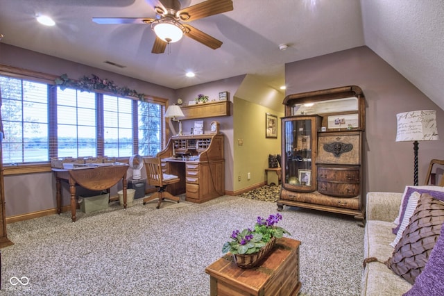 125 Ems B20C Ln, Pierceton, IN 46562 - carpeted home office with baseboards, plenty of natural light, a ceiling fan, vaulted ceiling, and recessed lighting