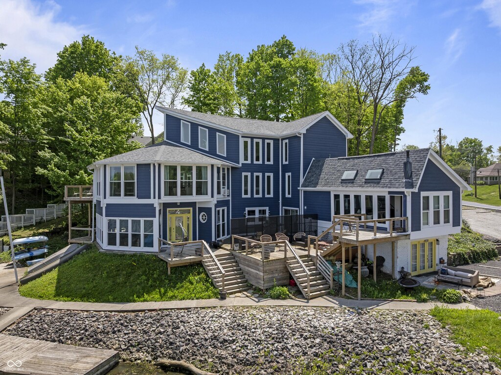 20620 Little Chicago Rd, Noblesville, IN 46062 - back of house with stairs, a deck, a shingled roof, and french doors