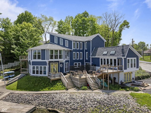 20620 Little Chicago Rd, Noblesville, IN 46062 - back of house with stairs, a deck, a shingled roof, and french doors