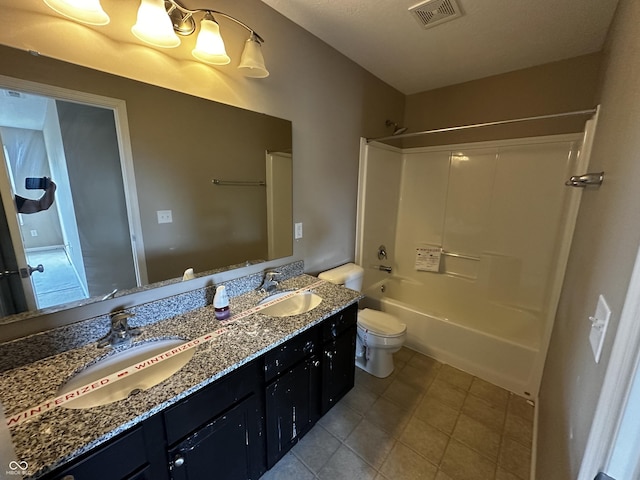 14462 Brook Meadow Dr, Mccordsville, IN 46055 - bathroom with toilet, double vanity, shower / bath combination, and tile patterned flooring