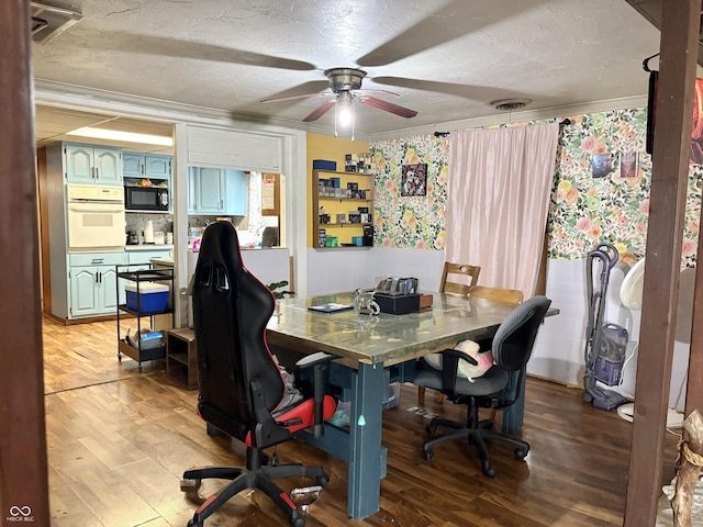 909 Sullivan St, Alexandria, IN 46001 - office area with light wood-type flooring, a ceiling fan, a textured ceiling, and ornamental molding