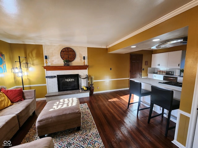 5433 Brendonridge Rd, Indianapolis, IN 46226 - living room featuring dark wood-style floors, crown molding, a fireplace, and baseboards