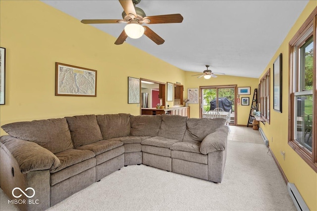 14814 Beacon Blvd, Carmel, IN 46032 - living area featuring a baseboard heating unit, lofted ceiling, ceiling fan, and light colored carpet