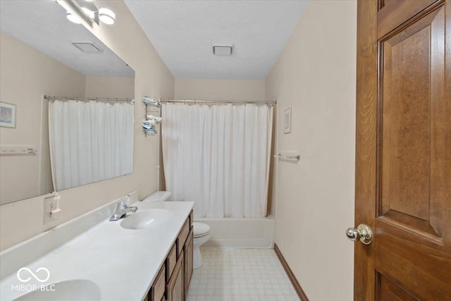 14814 Beacon Blvd, Carmel, IN 46032 - full bathroom with tile patterned floors, toilet, double vanity, shower / tub combo, and baseboards