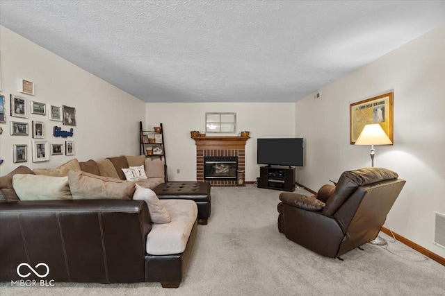 14814 Beacon Blvd, Carmel, IN 46032 - carpeted living area featuring baseboards, a fireplace, and a textured ceiling