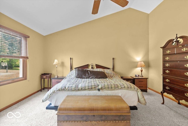 14814 Beacon Blvd, Carmel, IN 46032 - bedroom with vaulted ceiling, carpet floors, baseboards, and a ceiling fan