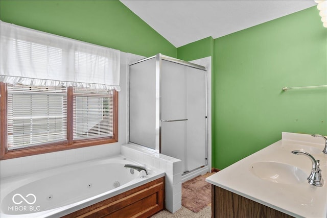 14814 Beacon Blvd, Carmel, IN 46032 - full bathroom with a shower stall, lofted ceiling, a jetted tub, and double vanity