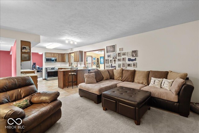 14814 Beacon Blvd, Carmel, IN 46032 - living room featuring light carpet and a textured ceiling