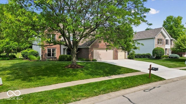 14814 Beacon Blvd, Carmel, IN 46032 - view of property hidden behind natural elements with brick siding, driveway, a front yard, and an attached garage
