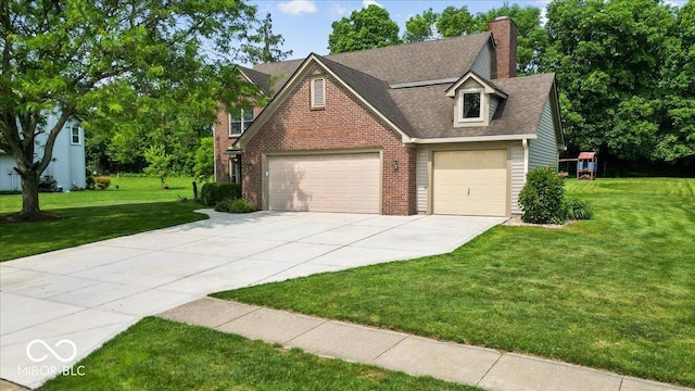14814 Beacon Blvd, Carmel, IN 46032 - traditional-style house with a front lawn, a garage, concrete driveway, brick siding, and a chimney