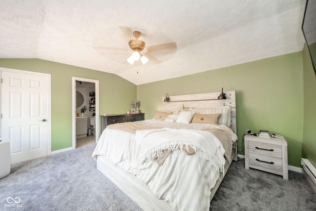 433 N 15th Ave, Beech Grove, IN 46107 - carpeted bedroom with lofted ceiling, baseboards, a textured ceiling, a ceiling fan, and baseboard heating
