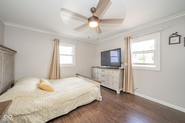 433 N 15th Ave, Beech Grove, IN 46107 - bedroom with crown molding, dark wood-style flooring, baseboards, and a ceiling fan