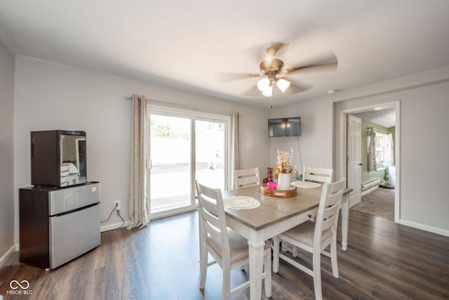 433 N 15th Ave, Beech Grove, IN 46107 - dining space with dark wood-style floors, ceiling fan, a baseboard radiator, and baseboards