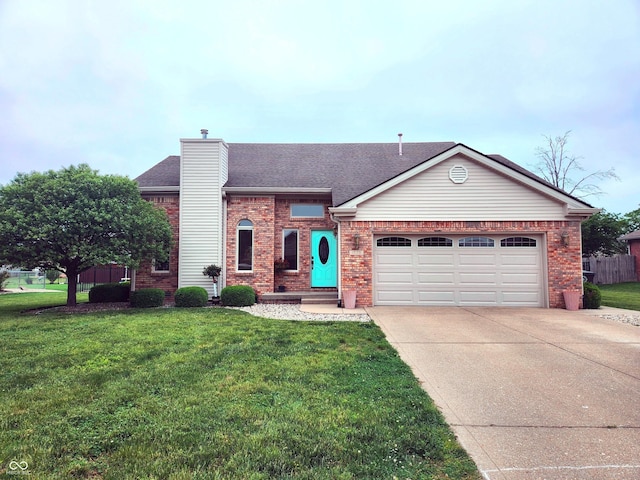 1026 Summer Way Dr, Shelbyville, IN 46176 - ranch-style house featuring brick siding, concrete driveway, an attached garage, a chimney, and a shingled roof