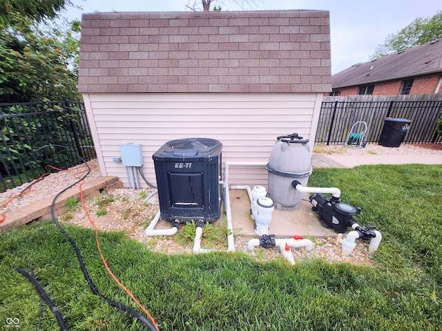 1026 Summer Way Dr, Shelbyville, IN 46176 - exterior view of a fenced backyard, pump, and central AC unit