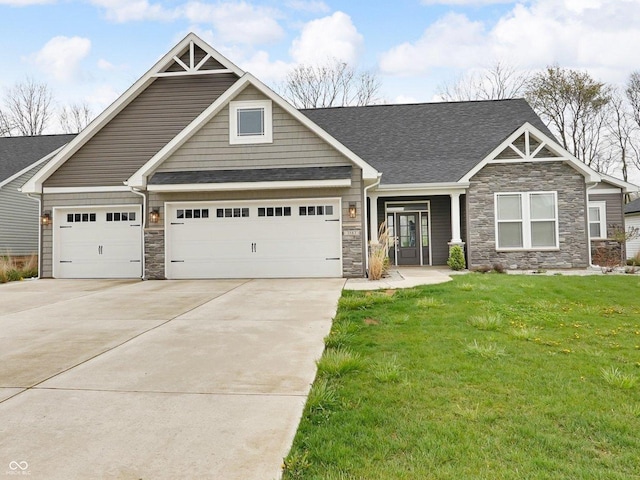 3583 Collier Dr, Lafayette, IN 47905 - craftsman-style house with stone siding, driveway, a front lawn, and a garage