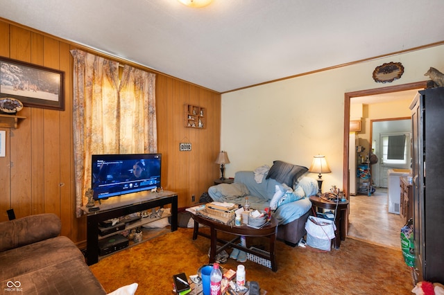 living area with carpet, wood walls, and crown molding