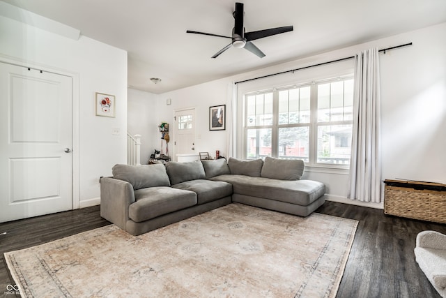 3047 N New Jersey St, Indianapolis, IN 46205 - living room featuring dark wood-style flooring, a ceiling fan, and baseboards