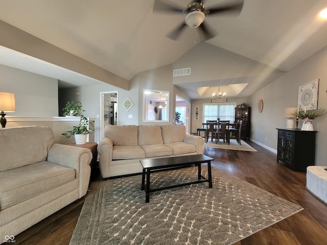 1714 Michelle Mnr, Danville, IN 46122 - living room with dark wood-style flooring, a chandelier, ceiling fan, vaulted ceiling, and baseboards