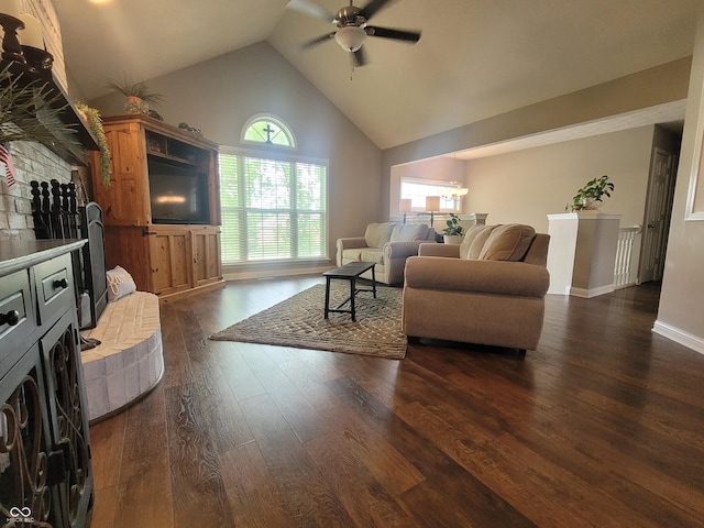 1714 Michelle Mnr, Danville, IN 46122 - living area featuring a ceiling fan, dark wood-style floors, high vaulted ceiling, a fireplace, and baseboards